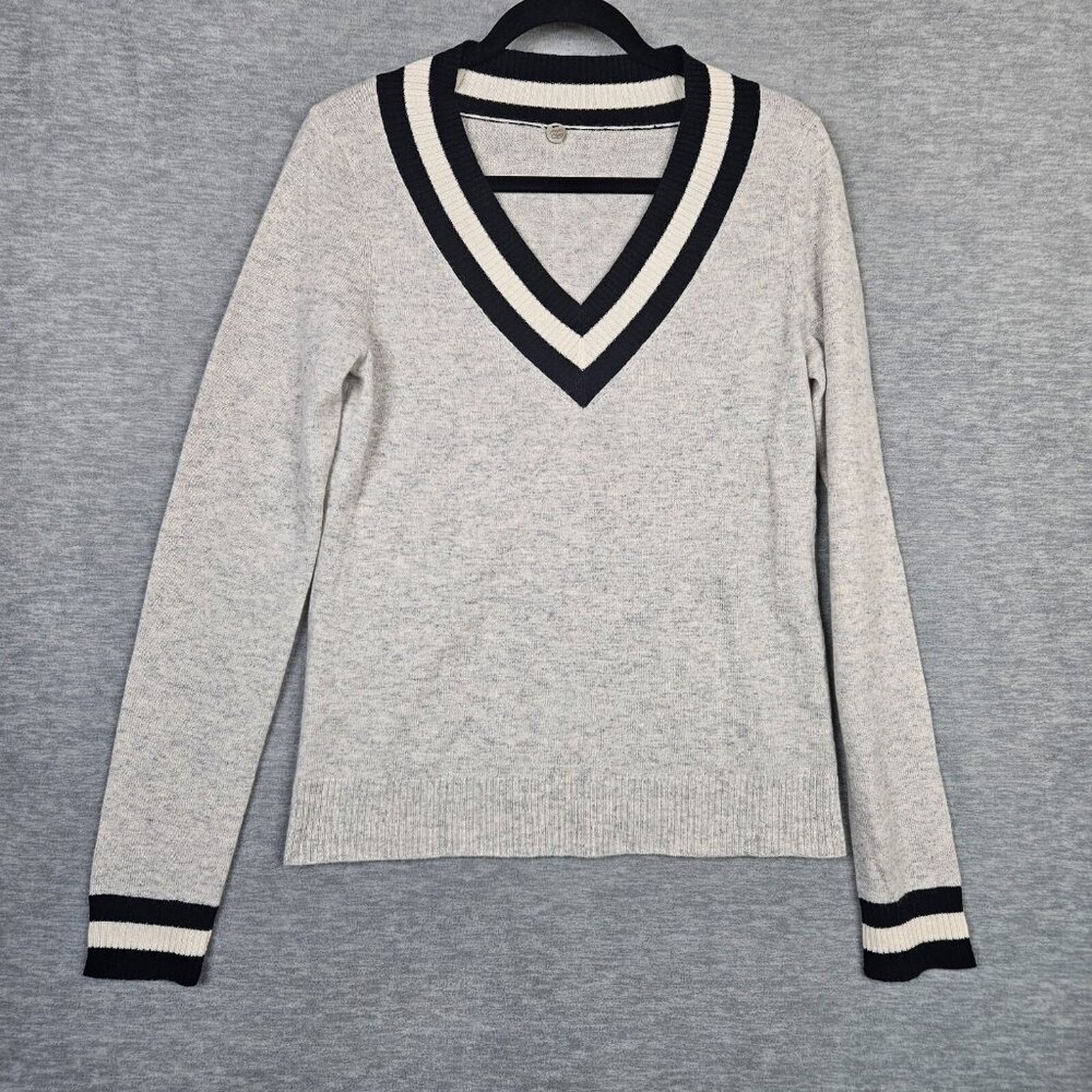 Margret O'Leary Women's V-neck Black Light Gray Cashmere Sweater Sz M